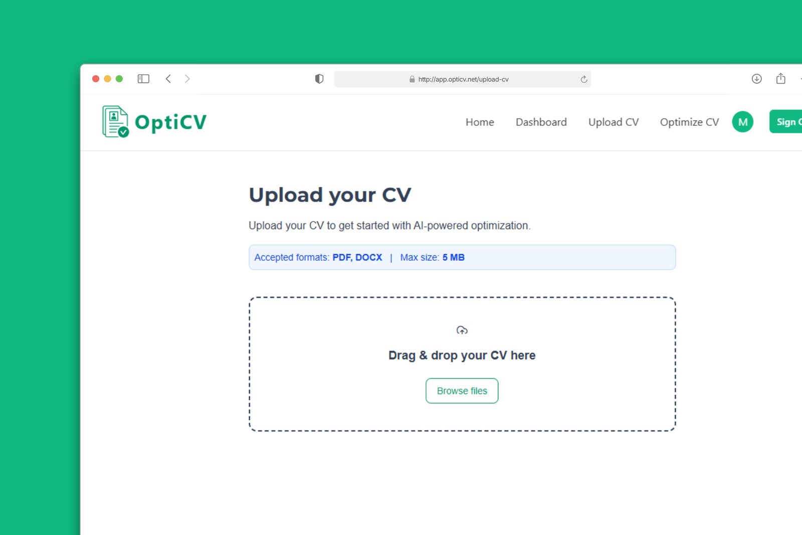 Screenshot of app cv upload page