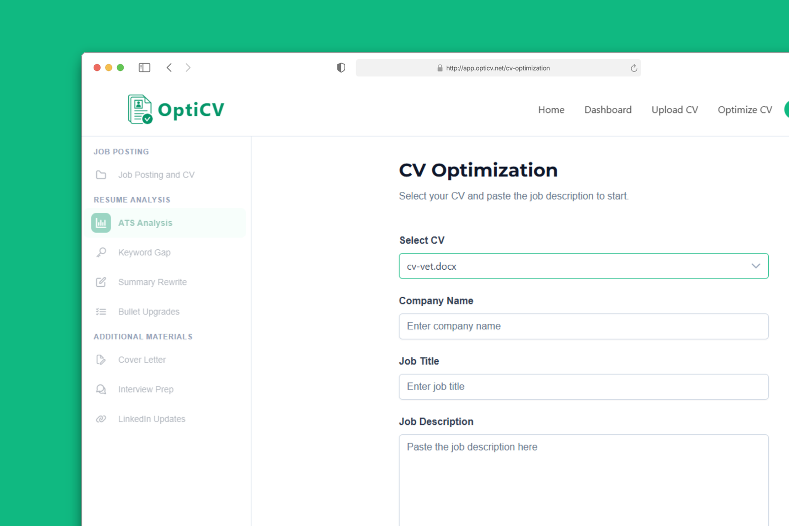 Screenshot of job description form on cv optimization page in the app