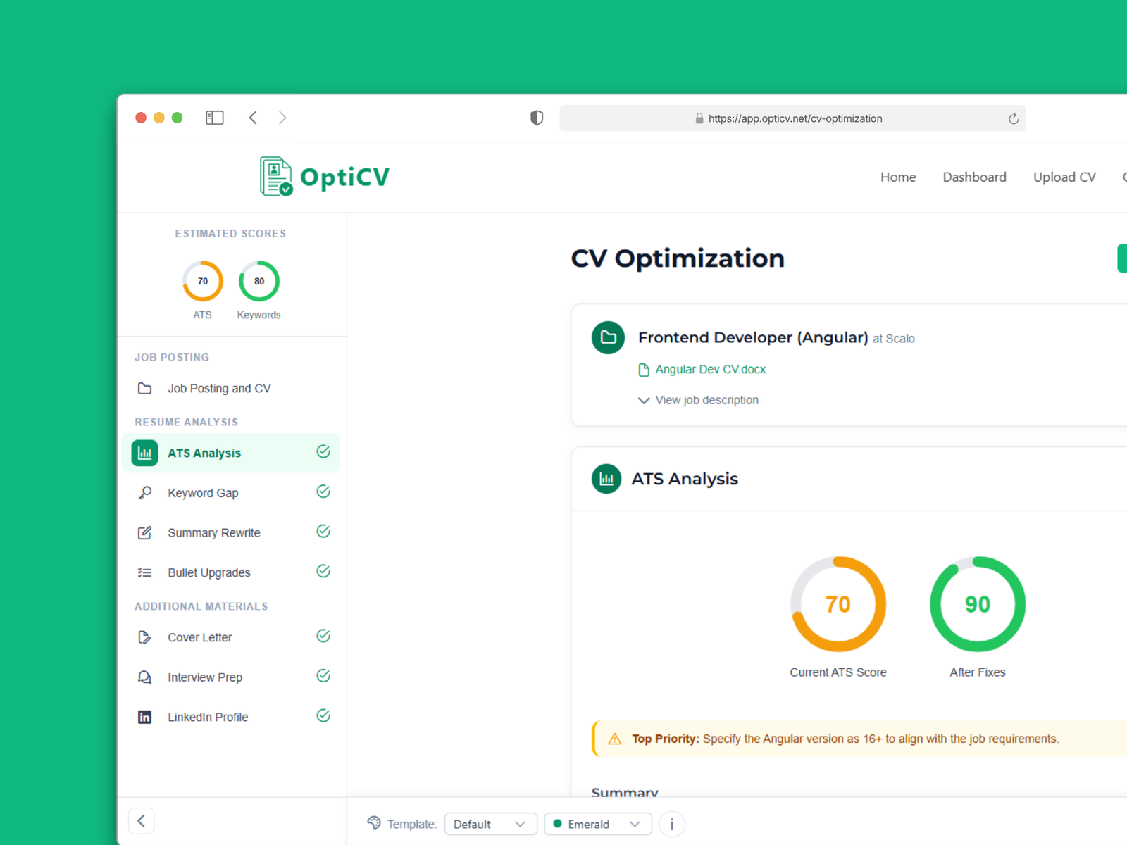 Screenshot of cv optimization page in the app